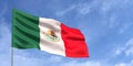 Mexico flag on flagpole on blue sky background. Mexican flag waving in wind on a background of sky with white clouds. Place for Royalty Free Stock Photo