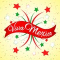 Mexico flag theme Viva Mexico on red ribbon Colors of national flag Fireworks of stars and confetti Bright background Vector