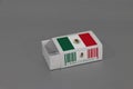 Mexico flag on white box with barcode and the color of nation flag on grey background, paper packaging for put match or products