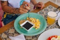 Mexico, holbox - february, 2020 breakfast for tourist in the hotel with eggs, toast and fruit