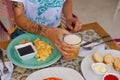 Mexico, holbox - february, 2020 breakfast for tourist in the hotel with eggs, toast and fruit