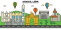 Mexico, Leon. City skyline, architecture, buildings, streets, silhouette, landscape, panorama, landmarks. Editable