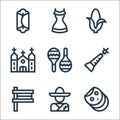 mexico line icons. linear set. quality vector line set such as tortilla, mexican man, matraca, chirimia, maracas, church, corn,