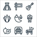 Mexico line icons. linear set. quality vector line set such as pi?ata, marimbol, zapote, mariachi, chili, agave, guitar, matraca