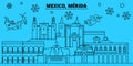 Mexico, Merida winter holidays skyline. Merry Christmas, Happy New Year decorated banner with Santa Claus.Mexico, Merida
