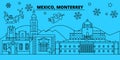 Mexico, Monterrey winter holidays skyline. Merry Christmas, Happy New Year decorated banner with Santa Claus.Mexico