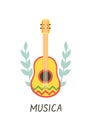 Mexico musica culture print. Mariachi logo. Hand drawn guitar icon. Day of the Dead card. Dia de los Muertos poster