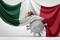 Mexico national flag draped over a Covid virus disease molecule. 3D Rendering