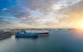 Mexico, Panoramic view of Veracruz city port wharf and cargo ships waiting at the docks. Biggest and most important port Royalty Free Stock Photo