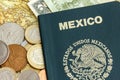 Mexico passport with world currency over a map Royalty Free Stock Photo