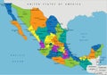 Colorful Mexico political map with clearly labeled, separated layers.