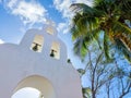 Mexico, Playa del Carmen, arched bell tower of the church