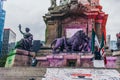 MEXICO - SEPTEMBER 20: Detail of the lion and and lady monuments at the feet of the Independence Angel at paseo Reforma