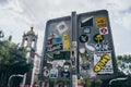 MEXICO - SEPTEMBER 19: Stickers on the back of a parking sign in the streets of Mexico city, September 19, 2017 in Mexico City