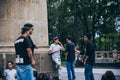 MEXICO - SEPTEMBER 20: Young men having a rap battle at the Beethoven Plaza in downtown while a crowd of people is watchin Royalty Free Stock Photo