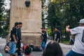 MEXICO - SEPTEMBER 20: Young men having a rap battle at the Beethoven Plaza in downtown while a crowd of people is watching and li Royalty Free Stock Photo