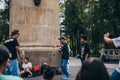 MEXICO - SEPTEMBER 20: Young men having a rap battle at the Beethoven Plaza in downtown while a crowd of people is watching Royalty Free Stock Photo