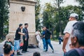 MEXICO - SEPTEMBER 20: Young men having a rap battle at the Beethoven Plaza in downtown while a crowd of people is watching Royalty Free Stock Photo