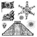 Mexico set in vintage style. Traditional national elements: pyramid and star, flag and dragon. Engraved hand drawn
