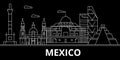 Mexico silhouette skyline, vector, city, mexican linear architecture, buildings. Mexico travel illustration, outline