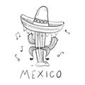 Mexico sketch cactus in sombrero - hand drawn mexican