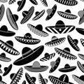 Mexico sombrero black hat variations icons seamless pattern