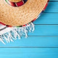 Mexico sombrero cinco de mayo blue wood background Royalty Free Stock Photo