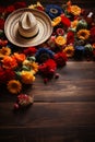 Mexico sombrero hat and flowers. Cinco de mayo, wood background with copy space top view Royalty Free Stock Photo