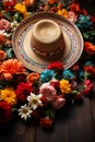 Mexico sombrero hat and flowers. Cinco de mayo, wood background top view Royalty Free Stock Photo
