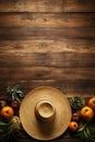 Mexico sombrero hat and harvest. Cinco de mayo, wood background with copy space top view Royalty Free Stock Photo