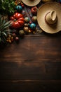 Mexico sombrero hat and harvest. Cinco de mayo wood background with copy space top view Royalty Free Stock Photo