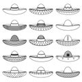 Mexico sombrero hat variations outline icons set eps10