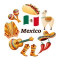 Mexico symbols set, sambrero, poncho, guitar, cowboy boots, maracas, llama and flag. Illustration vector