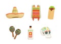 Mexico traditional objects set. Sombrero hat, poncho, burrito, tequila bottle and sugar skull vector illustration