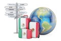 Mexico travel concept. Suitcases with Mexican flag, signpost and
