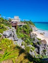 Mexico, Tulum, tourists on the panoramic terrace near the Castillo ruins Royalty Free Stock Photo