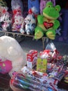 Mexico: Valentines Day street stall stuffed toy frog