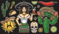 Mexico vintage emblems with waitress and cactus