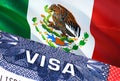 Mexico Visa Document, with Mexico flag in background. Mexico flag with Close up text VISA on USA visa stamp in passport,3D Royalty Free Stock Photo