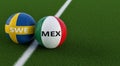 Mexico vs. Sweden Soccer Match - Soccer balls in Mexicos and Swedens national colors on a soccer field.