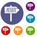 Mexico wooden direction arrow sign icons set