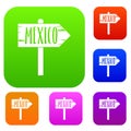 Mexico wooden direction arrow sign set color collection