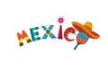 Mexico word in Mexican traditional ornament text for festive card or invitation in country. Bright design element sun