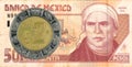 2 mexigan peso coin against 50 mexican peso bank note