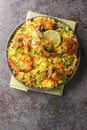 Meygoo Polo pilaf Rice with herbs and prawns closeup on the plate. Vertical top view