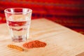 Mezcal mexican drink with orange slices and worm salt in oaxaca mexico Royalty Free Stock Photo