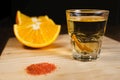 Mezcal shot mexican drink with orange and worm salt in oaxaca mexico