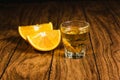 Mezcal shot mexican drink with orange and worm in oaxaca mexico Royalty Free Stock Photo