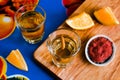 Mezcal shot with chili salt and agave worm, mexican drink in mexico Royalty Free Stock Photo