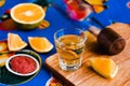 Mezcal shot with chili salt and agave worm, mexican drink in mexico Royalty Free Stock Photo